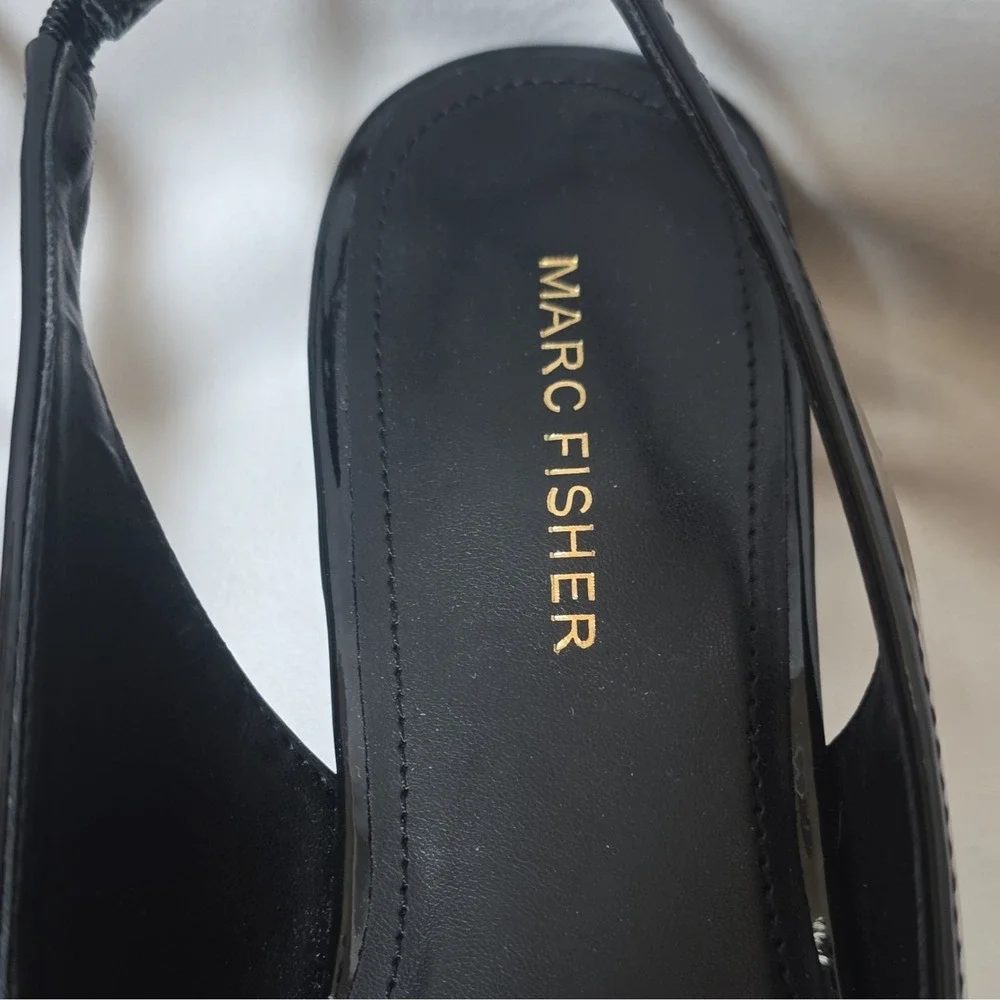 NWOT Marc Fisher Black Patent Leather Bow Pointed Toe Slingback Heels 9M